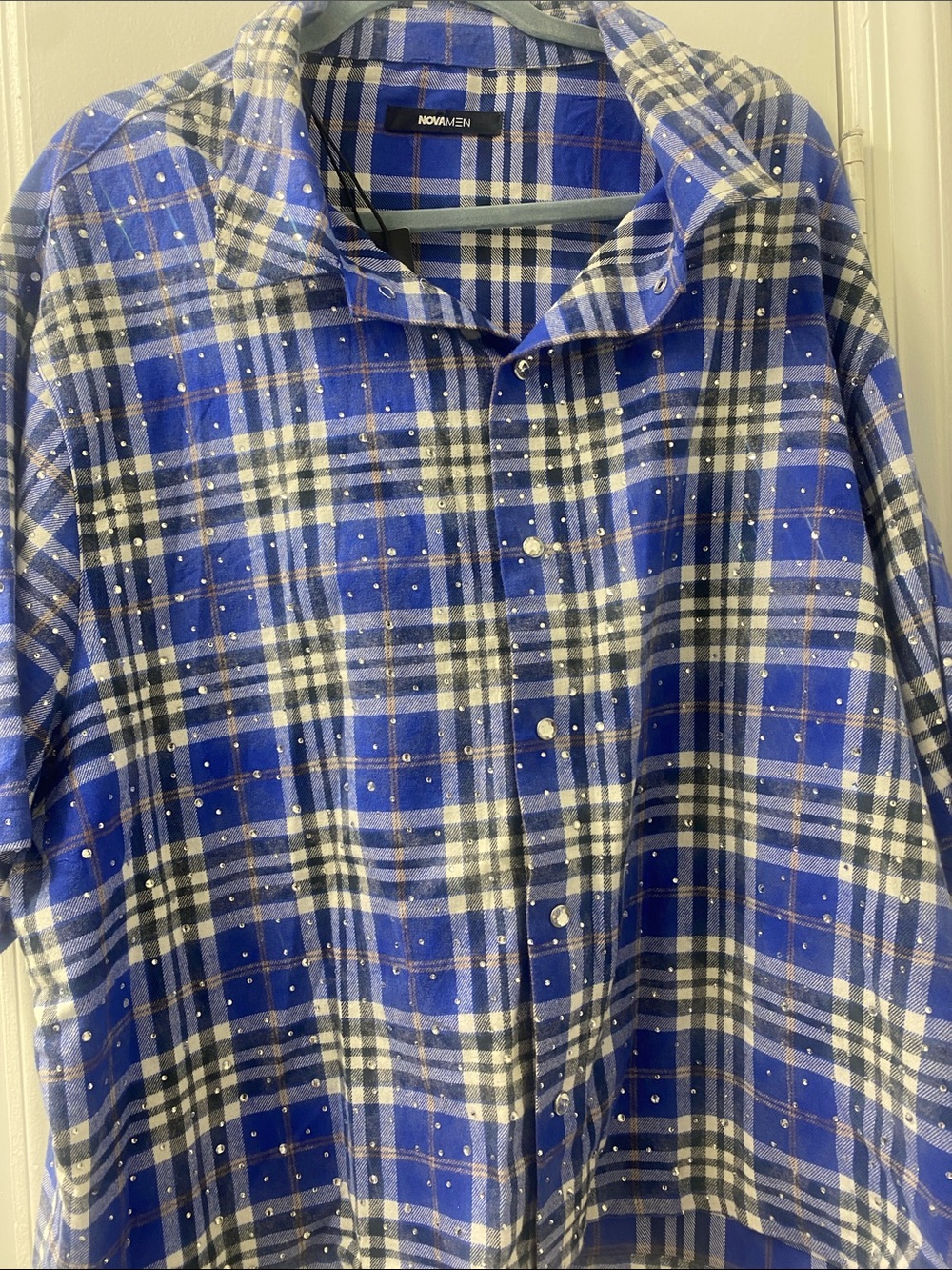 Novaman Blue Plaid Button-Up Shirt with Subtle Diamond Detail